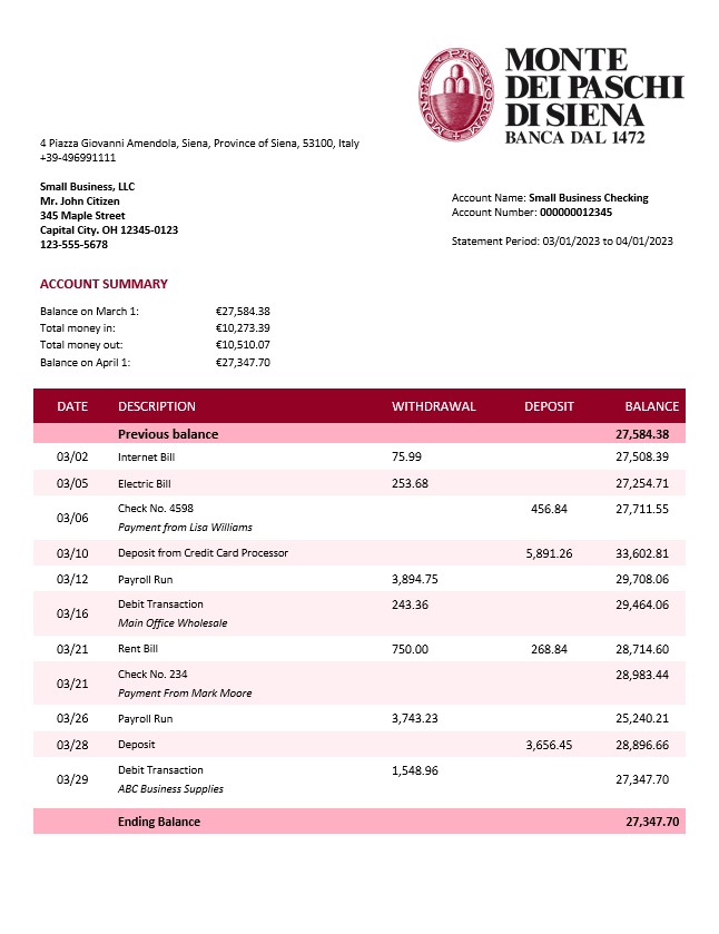 Modèle Word et PDF de relevé de compte ferme de Monte dei Paschi di Siena